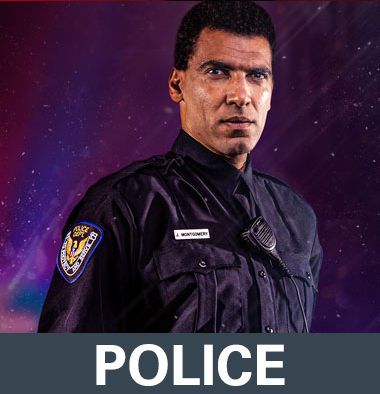 Police officer in uniform representing HAIX police boots category on a blue red background